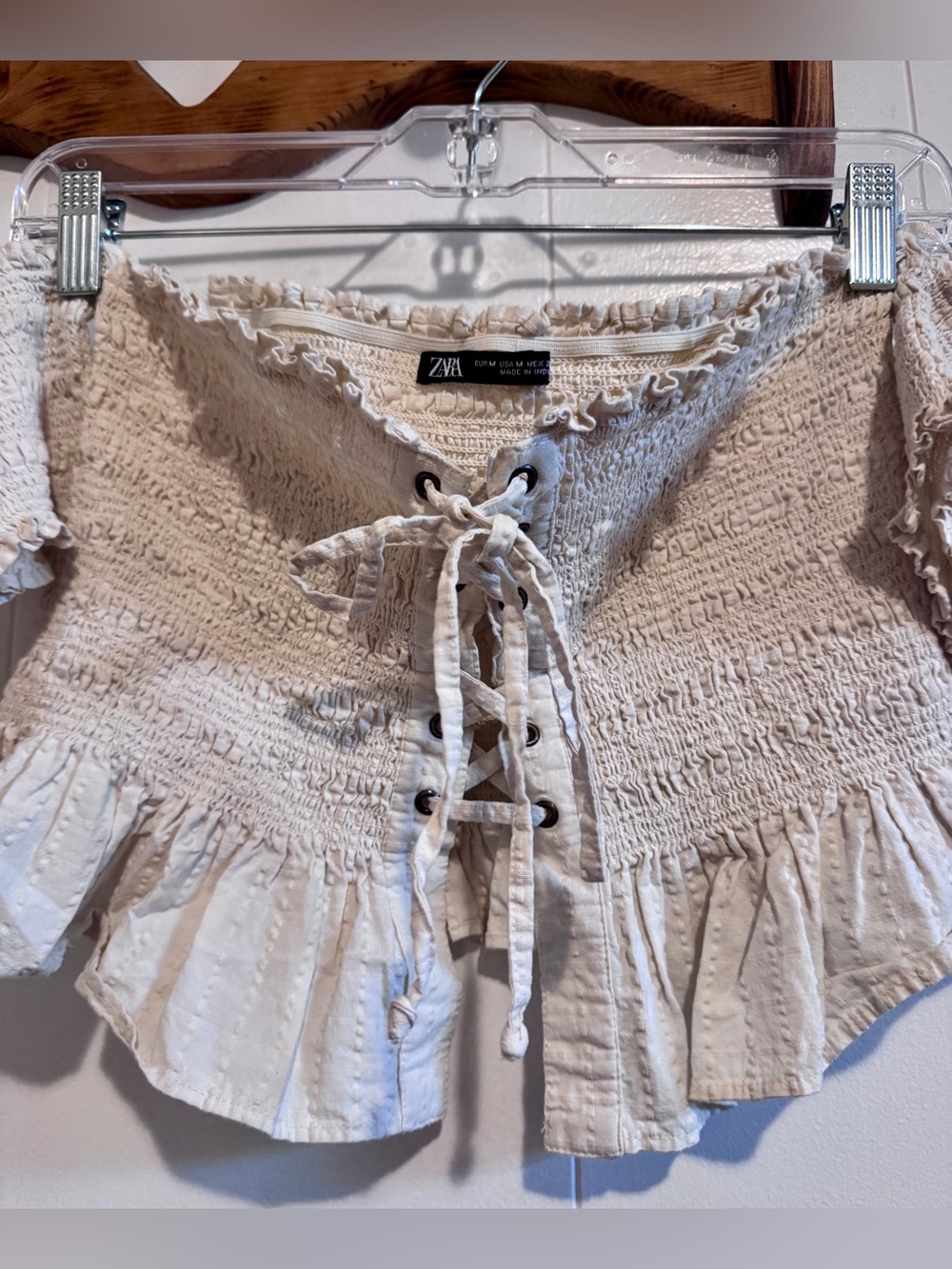 Zara Cream Off-Shoulder Lace-Up Smocked Peplum Crop Top - Picture 5 of 6